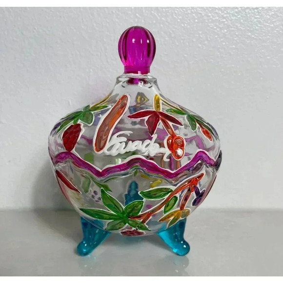Ompass Hand Painted Art Clear Glass Jar with Lid Embossed Footed Multicolor - Picture 2 of 9